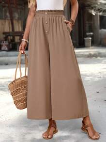 Pantalones casuales de verano para mujer con cintura de bolsa de papel, bolsillos y pierna ancha de unicolor - Caqui - Ver 6