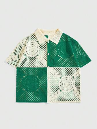 Street Life Suéter de punto holgado con mangas cortas y diseño de patchwork de bloques de color para hombre