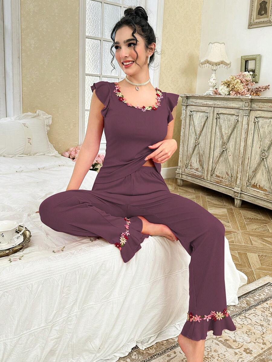 CottageSlumber Women Tiny Flower Embroidery Decor Square Neck Cap Sleeve Pajama Set Holiday Season Bountiful Floral Splendor Cozy And Elegant Details - Purple - View 1
