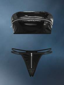 2件套女士性感成熟拉链涂层皮革紧身内衣套装 - 黑色 - 查看 8