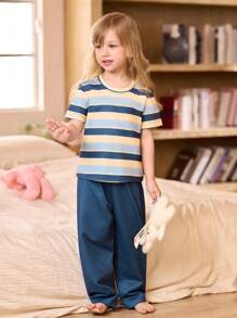 SHEIN 4pcs/Set Young Girl' Mix Color Random Striped Print Short Sleeve Pajama Set - Multicolor - View 9
