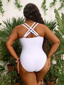 Slaydiva Plus Size Sexy Deep V Neck Mesh Panel Strappy One-Piece Swimsuit For Summer Beach Vacation - White - View 2
