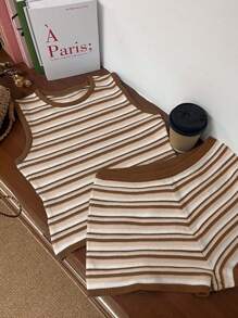 INAWLY European & American Style Summer Women Striped Patchwork Knitted Short Fitted Suit