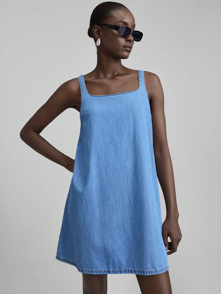 Ontre Women's Blue Denim Dress Casual A-Line Dress Comfortable And Simple Old Money Style Outfit, Going Out