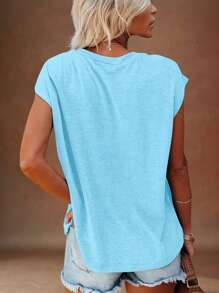 EMERY ROSE Women's Solid V-Neck Batwing Sleeve Casual T-Shirt, Summer - Baby Blue - View 2