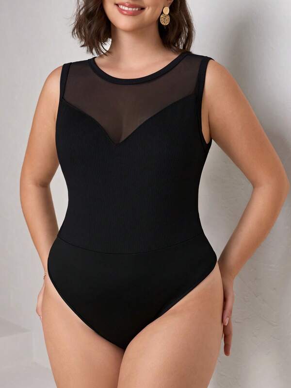 Chikora Plus Size Fashion Sexy Sheer Mesh Contrast Sleeveless Bodysuit, For Summer
