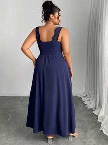 Elenzga Đầm dài cỡ lớn cổ chữ V phối ren tương phản, dây mảnh, xẻ tà xòe, ôm dáng, thích hợp cho nữ, đầm sinh nhật nữ, đầm thường ngày nữ, đầm chống nắng cỡ lớn nữ, quần áo sinh nhật nữ. - Màu xanh hải quân - Xem 2