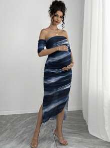 Momance Sukienka ciążowa z odkrytymi ramionami i siateczką - Granatowy - Zobacz 4