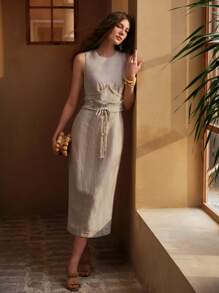 MOTF PREMIUM LINEN BELTED SPLIT DRESS - Grey - View 6