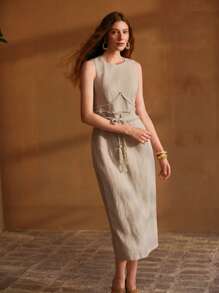 MOTF PREMIUM LINEN BELTED SPLIT DRESS - Grey - View 7