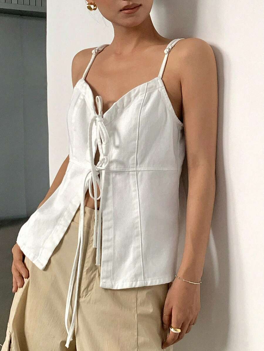 DAZY Top de tirantes atados de unicolor de mezclilla para mujer, verano - Beis - Ver 1