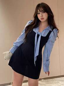 REIGN AVE Striped Splicing Lace-Up Long Sleeve Bodycon Short Dress, Minimalist Style For Spring/Summer - Navy Blue - View 6