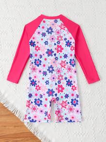 女童火烈鸟印花连体泳衣，带拉链，长袖，防晒衣，防紫外线，沙滩装 - 彩色 - 查看 2