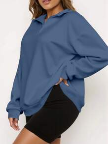 INAWLY Sudadera informal con cremallera, de manga larga y hombros caídos, de unicolor, para mujer de talla grande, para otoño/invierno, graduación, regreso a la escuela, maestras - Neblina azul - Ver 4