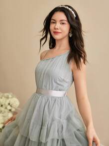 SHEIN Teen Girl Elegant Layered Tulle One Shoulder Cake Dress, For Bridesmaids, Valentine's Day, Teenagers, Flower Girls, Dance Recitals, Birthday Parties