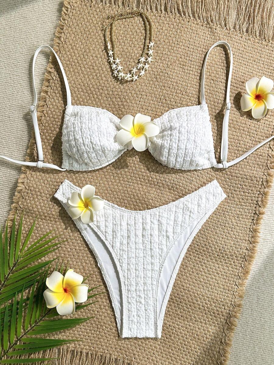 Sweetra 2 piezas Traje de baño tipo bandeau con tirantes finos y decoración floral de textura sólida, atuendo de playa de verano para mujeres - Blanco - Ver 1