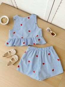 SHEIN Tween Girl Casual Minimalist Strawberry Striped Ruffle Trim Tank Top - Blue - View 2