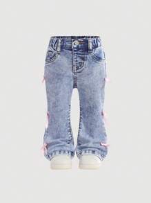 SHEIN Quần jean ống loe ôm sát, thun, màu hồng dễ thương kiểu Y2K cho bé gái, thích hợp đi biển, phong cách thập niên 2000, Kawaii, đi học, mùa thu, trang phục thường ngày thoải mái cho trẻ em, thoải mái, giản dị và thời trang cho kỳ nghỉ. - Rửa nhẹ - Xem 7