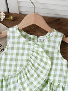 SHEIN Bộ áo ba lỗ bèo nhún không tay họa tiết gingham và quần short denim giản dị mùa hè cho bé gái - Nhiều màu - Xem 6