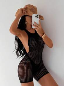 Swim SXY 女式无袖镂空后背网眼迷你连衣裙，休闲性感海滩度假泳衣罩衫 - 黑色 - 查看 1