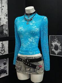 SHEIN Tall 女士蕾丝透视性感俱乐部上衣 - 藍色 - 查看 3