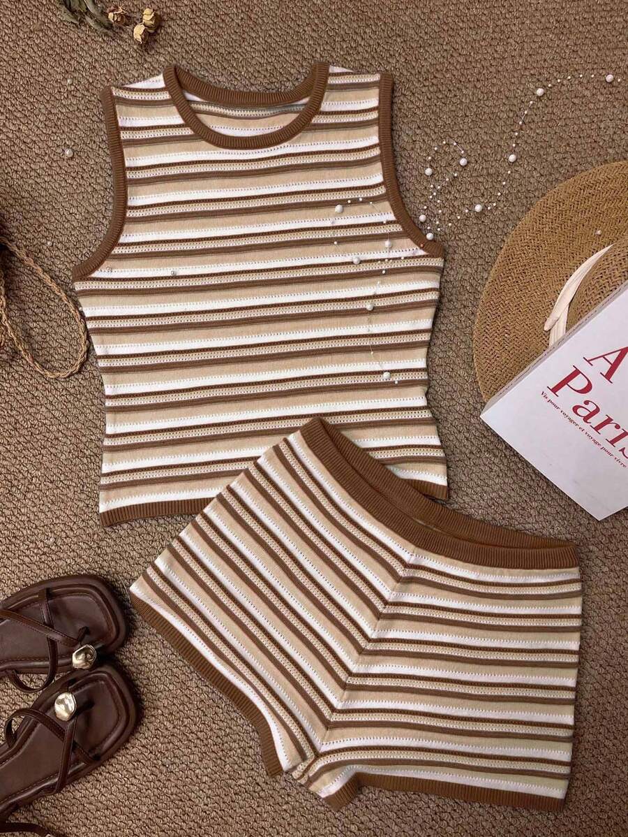 INAWLY European & American Style Summer Women Striped Patchwork Knitted Short Fitted Suit