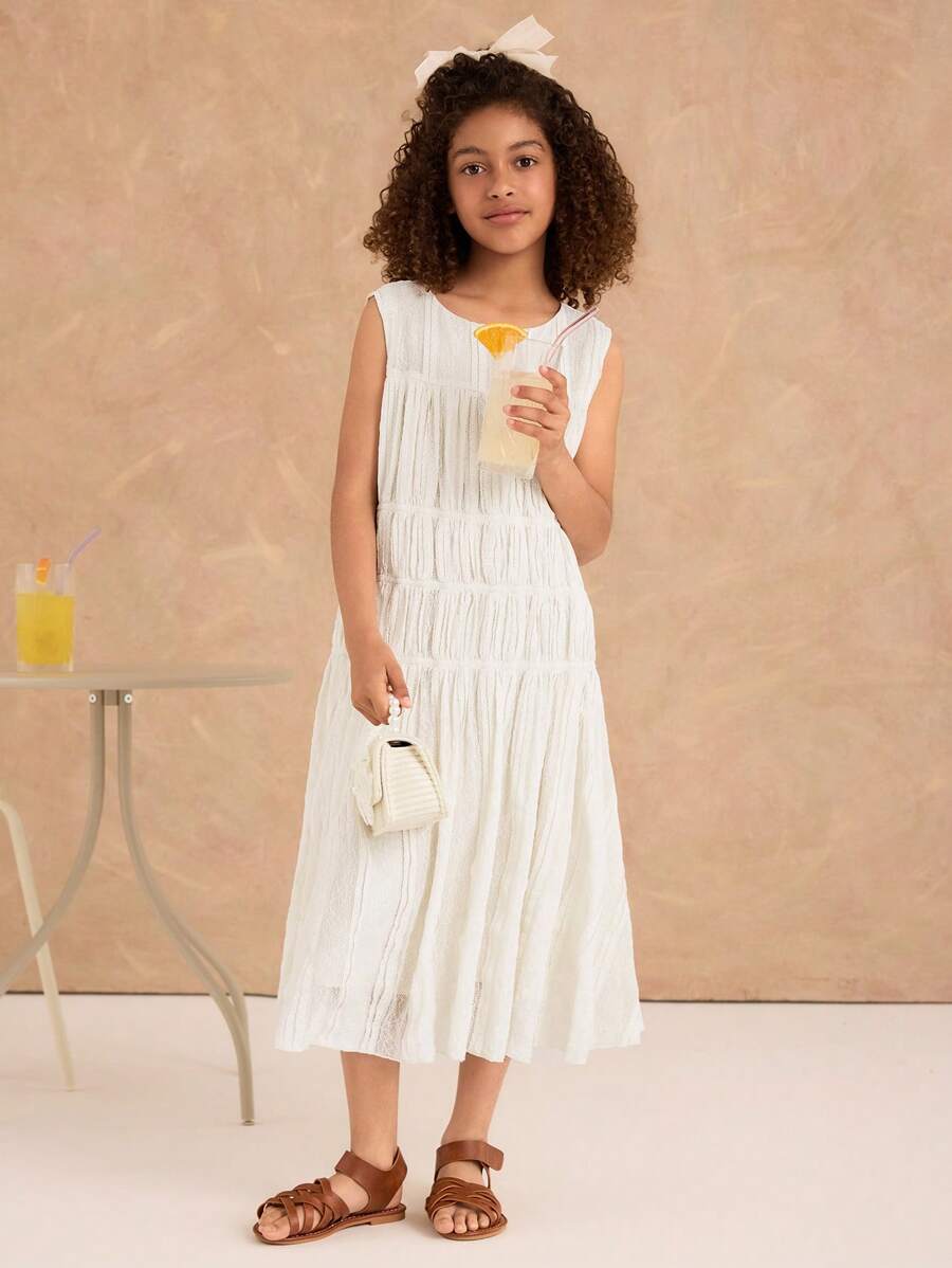 Ontre Tween Girl Loose Casual Lace Fabric Dress - Apricot - View 1