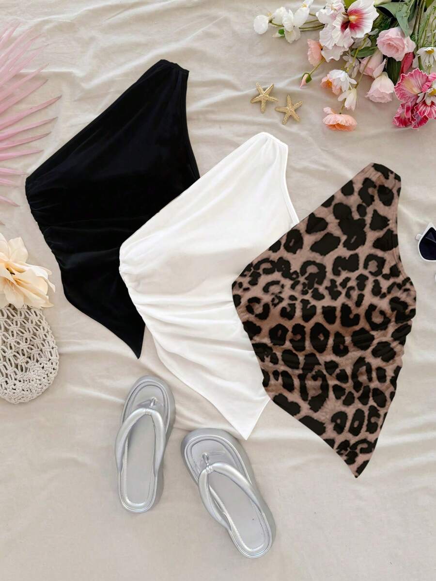 Soleia 3 件套女士夏季豹纹纯色不对称下摆无袖上衣适合海滩风格 - 彩色 - 查看 1