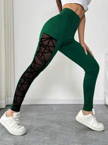 SHEIN LUNE Women's Semi-Transparent Patchwork Casual Pants Fall Cloth For Women - Green - View 4