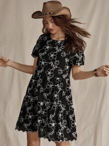 Wildy American Western Rustic Vacation Vintage Cotton Embroidery Puff Sleeve Green Short Dress Bohemian  Vacation Outfits Women Vintage Country Cowboy Woman S Summer Clothes