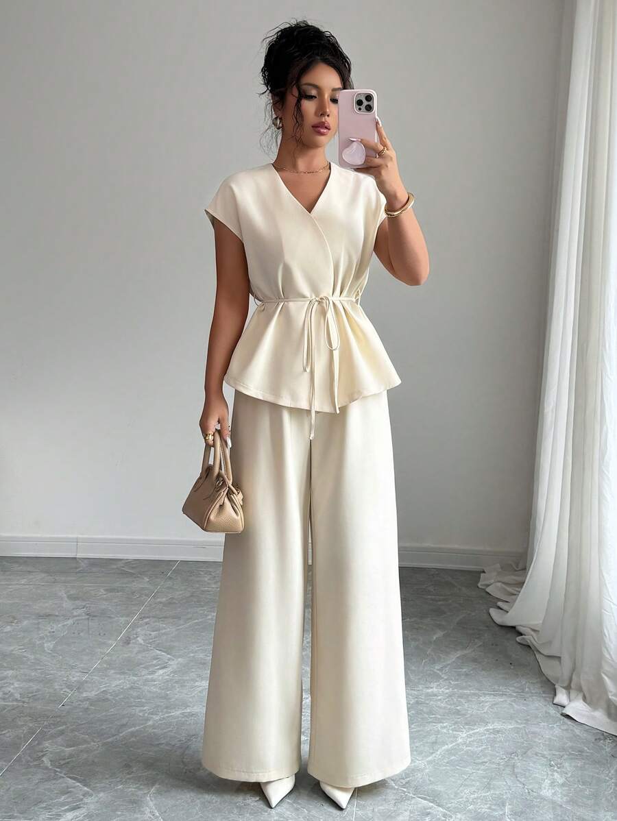 SHEIN Unity 2pcs/Set Women Solid Color Minimalist Short Sleeve Top And Pants - Apricot - View 1