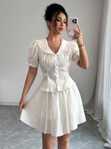 Elenzga 2 Stücke/Set einfarbige Bluse mit Knopfleiste und Kurzarmoberteil und Mini-Rock