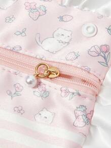 ROMWE Kawaii Borsa portatrucchi portatile di grandi dimensioni, con motivi carini da ragazza in pizzo bianco, quadretti rosa e fiocchi