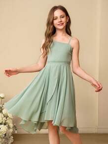 SHEIN Girls' Elegant Minimalist Asymmetrical Shoulder High Waist Mid-Length Asymmetrical Hem Chiffon Green Dress, Suitable For Summer