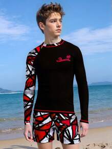 Teenage Boys Fashionable Positioning Print Long Sleeve Rash Guard Summer Holiday