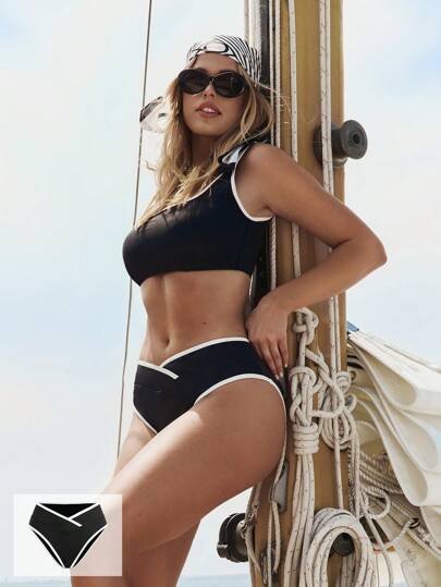 GLOWMODE 夏季速干耐氯拼色饰边中等覆盖高交叉 V 腰比基尼泳裤游泳海滩泳池度假旅行夏装