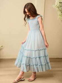 Vestido largo elegante de estilo princesa para niñas, sin mangas, con tirantes, de gasa esponjosa - Azul - Ver 1