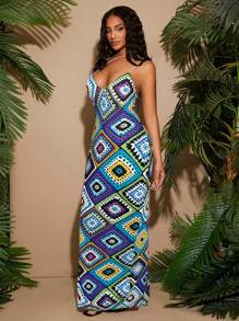 Radiana Spring/Summer Music Rock Festival Street Casual Western Wear Outfit Bohemia BOHO VACAY Color Imitation Crochet Print High Stretch Knit Halters Long Slim-Fit Dress Multicolor Maxi Dress Bodycon Maxi Dress Long Vacation Dress Granny Square Dress,Boho Clothes Women