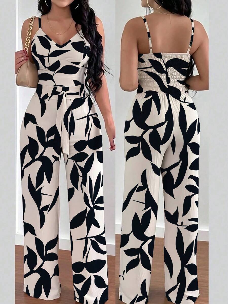 INAWLY 加大码女式花卉印花阔腿连体裤，配有可调节松紧抽绳腰带 - 杏色 - 查看 1