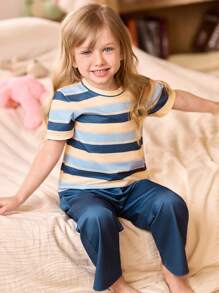 SHEIN 4pcs/Set Young Girl' Mix Color Random Striped Print Short Sleeve Pajama Set - Multicolor - View 8