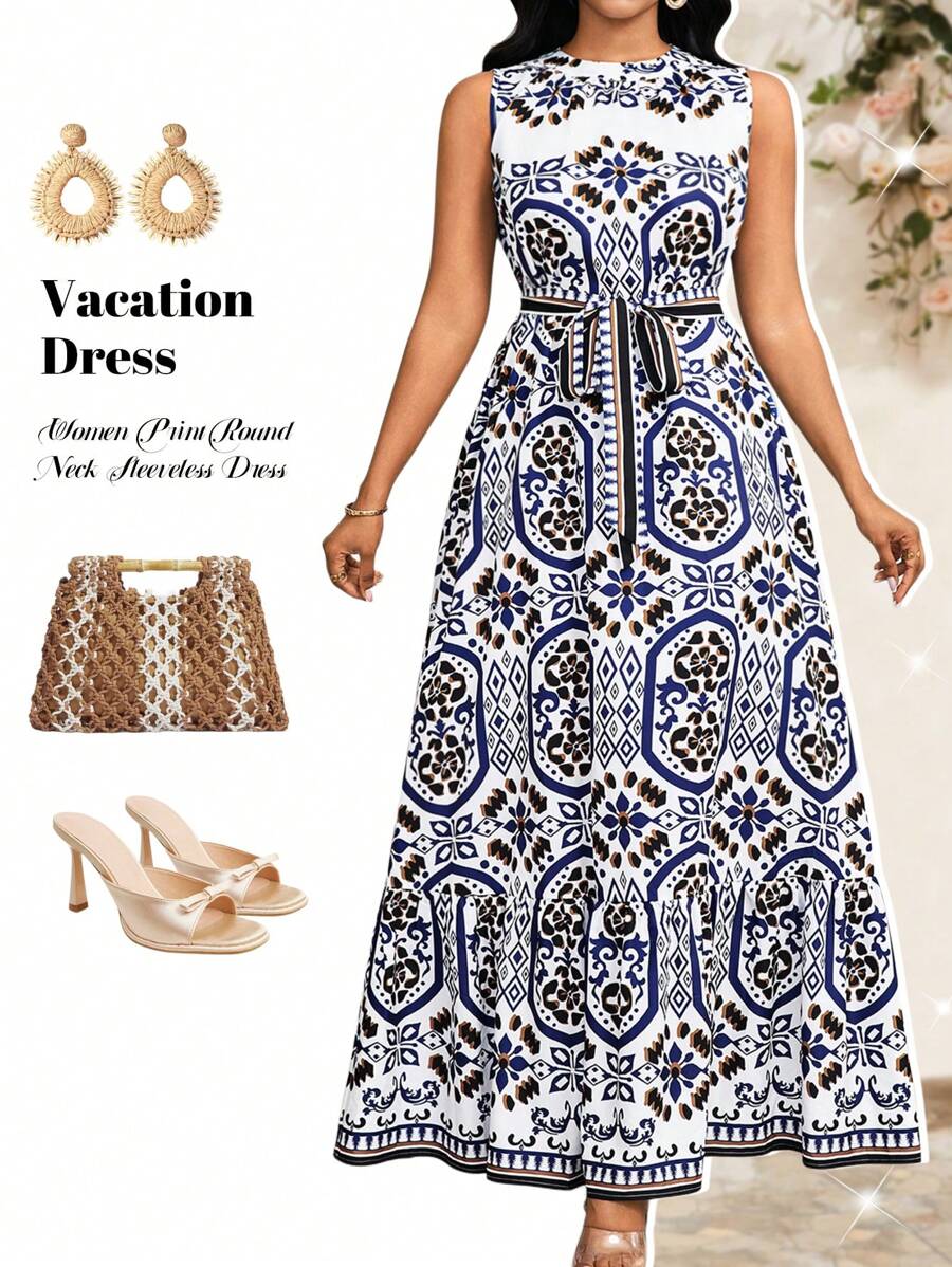SHEIN Lady Đầm dài không tay cổ tròn in họa tiết toàn thân cho nữ mùa hè - Nhiều màu - Xem 1