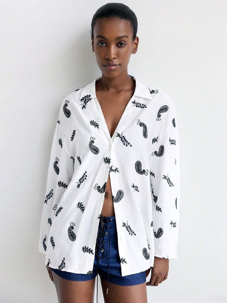 SHEIN Maija White Base Black Floral Eyelet Embroidery V-Neck Button Down Shirt For Women, Comfortable Skin-Friendly Casual Vacation Look