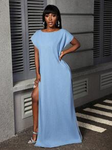 Slaydiva Women's Denim Dress With High Slit - Blue - View 4