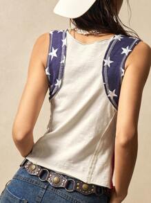 Bohemela Débardeur ajusté pour femme, style boho casual, en tricot bicolore avec encolure ronde pour le 4 juillet