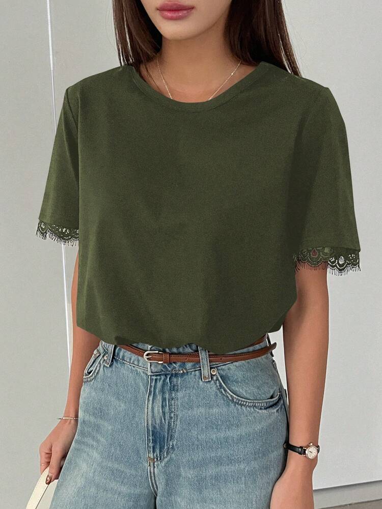 Women Contrast Lace Loose Short Sleeve Casual T-Shirt,Business Casual Women