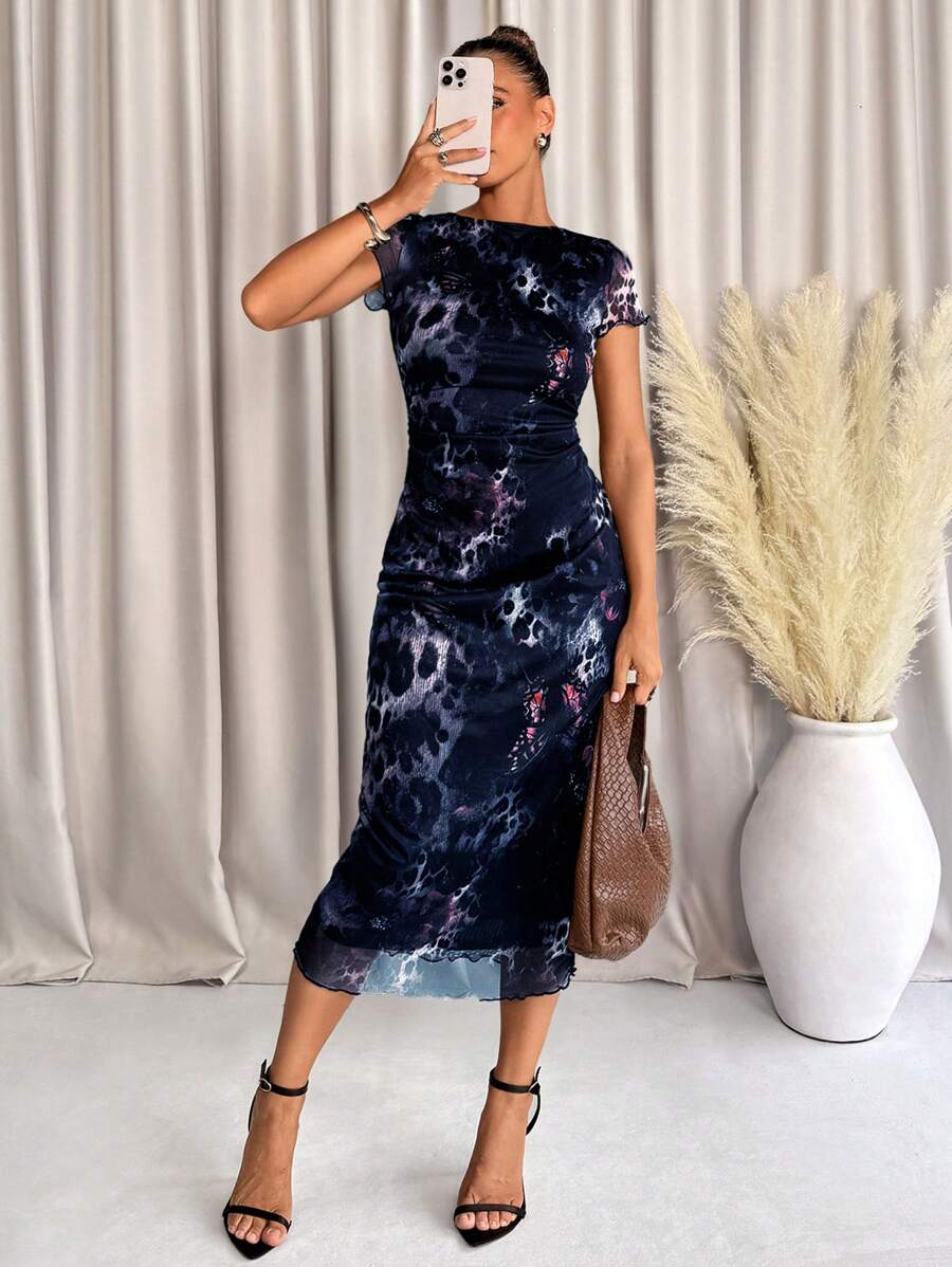 SHEIN Clasi 加大码夏季时尚豹纹迷你连衣裙 - 藏蓝色 - 查看 1