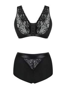 SHEIN Set de 2 piezas de ropa interior femenina con punto acanalado y encaje - Negro - Ver 7