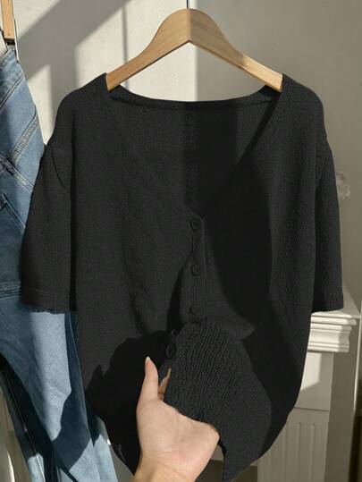 Comfortcana Plus Size Women's Solid Color Short Sleeve Single-Breasted Casual Lightweight Cardigan