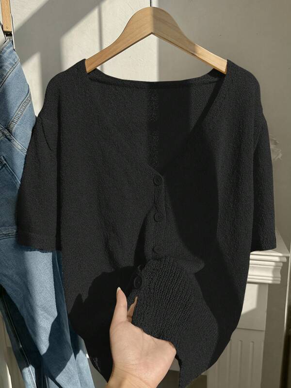 Comfortcana Große Größen Lässig leichte Kurzarm-Strickjacke in Unifarbe für Damen