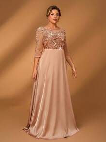 Serin 加大码夏季优雅华丽香槟灰色亮片珠定制缎面圆领贴花中袖 A 字下摆适合晚餐单身派对约会舞蹈节日音乐节婚礼活动新娘母亲礼服 - 香檳色 - 查看 6